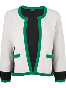 Colour Block Cardigan, Green - neckline: round neck; style: open front; secondary colour: ivory; predominant colour: emerald green; occasions: casual, work; length: standard; fibres: wool - 100%; fit: standard fit; sleeve length: 3/4 length; sleeve style: standard; texture group: knits/crochet; pattern type: knitted - other; pattern size: big & light; pattern: colourblock