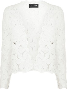 Crochet Bolero, Ivory - pattern: plain; style: cropped; collar: shawl/waterfall; length: cropped; predominant colour: ivory; occasions: casual, evening, occasion, holiday; fit: straight cut (boxy); fibres: cotton - 100%; sleeve length: 3/4 length; sleeve style: standard; texture group: knits/crochet; collar break: low/open; pattern type: knitted - other