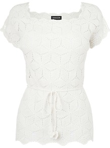 Hand Knitted Top, Ivory - neckline: round neck; sleeve style: dolman/batwing; pattern: plain; waist detail: belted waist/tie at waist/drawstring; predominant colour: white; occasions: casual; length: standard; style: top; fibres: cotton - 100%; fit: body skimming; sleeve length: short sleeve; texture group: lace; pattern type: fabric