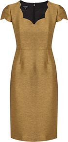 Agnes Dress, Metallic Gold - style: shift; neckline: v-neck; sleeve style: capped; fit: tailored/fitted; pattern: plain; waist detail: fitted waist; predominant colour: gold; occasions: evening, work, occasion; length: just above the knee; fibres: polyester/polyamide - mix; sleeve length: short sleeve; texture group: ornate wovens; trends: glamorous day shifts, metallics; pattern type: fabric