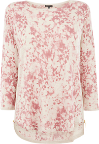Smudge Floral Print Jumper, Light Pink - neckline: slash/boat neckline; style: standard; secondary colour: ivory; predominant colour: pink; occasions: casual, work; length: standard; fibres: cotton - 100%; fit: standard fit; back detail: longer hem at back than at front; sleeve length: 3/4 length; sleeve style: standard; texture group: knits/crochet; pattern type: knitted - fine stitch; pattern size: standard; pattern: florals