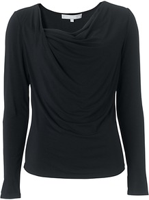 Shelley Top, Black - neckline: cowl/draped neck; pattern: plain; bust detail: ruching/gathering/draping/layers/pintuck pleats at bust; predominant colour: black; occasions: casual, evening; length: standard; style: top; fibres: polyester/polyamide - stretch; fit: body skimming; sleeve length: long sleeve; sleeve style: standard; pattern type: fabric; texture group: jersey - stretchy/drapey