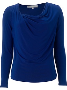 Shelley Top, Blue - neckline: cowl/draped neck; pattern: plain; predominant colour: royal blue; occasions: evening, work; length: standard; style: top; fibres: cotton - stretch; fit: body skimming; sleeve length: long sleeve; sleeve style: standard; pattern type: fabric; texture group: jersey - stretchy/drapey