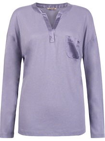 Henley Silk Trim T Shirt - neckline: v-neck; pattern: plain; bust detail: pocket detail at bust; predominant colour: lilac; occasions: casual; length: standard; style: top; fibres: cotton - mix; fit: body skimming; sleeve length: long sleeve; sleeve style: standard; pattern type: fabric; texture group: jersey - stretchy/drapey