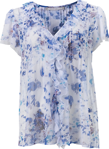 Jemima Top, Multi - neckline: v-neck; predominant colour: white; secondary colour: denim; occasions: casual, occasion; length: standard; style: top; fibres: polyester/polyamide - 100%; fit: straight cut; sleeve length: short sleeve; sleeve style: standard; texture group: sheer fabrics/chiffon/organza etc.; bust detail: tiers/frills/bulky drapes/pleats; pattern type: fabric; pattern size: big & light; pattern: patterned/print