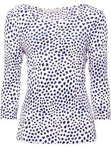 Josephine Top, Multi - neckline: slash/boat neckline; style: t-shirt; predominant colour: white; secondary colour: navy; occasions: casual, work; length: standard; fibres: polyester/polyamide - stretch; fit: body skimming; sleeve length: 3/4 length; sleeve style: standard; pattern type: fabric; pattern size: small & busy; pattern: patterned/print; texture group: jersey - stretchy/drapey