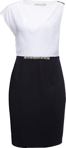Julia Dress, Navy/Chalk - fit: tailored/fitted; style: asymmetric (top); sleeve style: asymmetric sleeve; waist detail: belted waist/tie at waist/drawstring; secondary colour: white; predominant colour: black; occasions: evening, occasion; length: just above the knee; fibres: silk - 100%; neckline: crew; bust detail: contrast pattern/fabric/detail at bust; shoulder detail: asymmetric shoulder detail/one shoulder; sleeve length: short sleeve; texture group: silky - light; pattern type: fabric; pattern size: standard; pattern: colourblock; embellishment: crystals