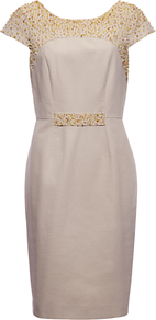 Genevieve Dress, Pink - style: shift; sleeve style: capped; fit: tailored/fitted; pattern: plain; waist detail: fitted waist; predominant colour: stone; secondary colour: stone; occasions: evening, occasion; length: just above the knee; fibres: cotton - 100%; neckline: crew; shoulder detail: added shoulder detail; sleeve length: short sleeve; texture group: cotton feel fabrics; embellishment: beading