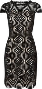 Hollywood Dress, Black - style: shift; sleeve style: capped; fit: tailored/fitted; pattern: plain; predominant colour: black; occasions: evening, occasion; length: just above the knee; fibres: polyester/polyamide - 100%; neckline: crew; sleeve length: short sleeve; texture group: lace; pattern type: fabric; embellishment: embroidered