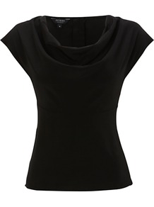 Leila Top - neckline: cowl/draped neck; sleeve style: capped; pattern: plain; bust detail: ruching/gathering/draping/layers/pintuck pleats at bust; predominant colour: black; occasions: evening, work; length: standard; style: top; fibres: silk - 100%; fit: body skimming; sleeve length: short sleeve; texture group: silky - light; pattern type: fabric