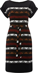 Georgina Dress, Black Multi - style: shift; waist detail: belted waist/tie at waist/drawstring; secondary colour: burgundy; predominant colour: black; occasions: casual, work; length: just above the knee; fit: body skimming; fibres: viscose/rayon - 100%; neckline: crew; sleeve length: short sleeve; sleeve style: standard; texture group: knits/crochet; pattern type: knitted - other; pattern size: standard; pattern: patterned/print