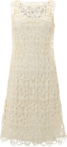 Sonia Dress, Ivory - style: shift; pattern: plain; sleeve style: sleeveless; back detail: low cut/open back; bust detail: ruching/gathering/draping/layers/pintuck pleats at bust; predominant colour: ivory; occasions: evening, occasion, holiday; length: just above the knee; fit: soft a-line; fibres: polyester/polyamide - 100%; neckline: crew; sleeve length: sleeveless; texture group: knits/crochet; pattern type: fabric; embellishment: embroidered