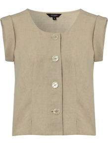 Sandown Top, Natural - sleeve style: capped; pattern: plain; bust detail: buttons at bust (in middle at breastbone)/zip detail at bust; predominant colour: stone; occasions: casual; length: standard; style: top; neckline: scoop; fibres: linen - 100%; fit: body skimming; sleeve length: sleeveless; texture group: linen; pattern type: fabric