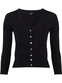 Ellie Cardigan, Navy - neckline: low v-neck; pattern: plain; bust detail: buttons at bust (in middle at breastbone)/zip detail at bust; predominant colour: black; occasions: casual, evening, work; length: standard; style: standard; fibres: silk - mix; fit: slim fit; waist detail: front pockets at waist level; sleeve length: 3/4 length; sleeve style: standard; texture group: knits/crochet; pattern type: knitted - fine stitch
