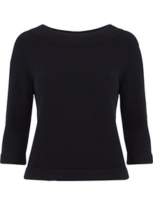 Isabel Jumper, Navy - neckline: slash/boat neckline; pattern: plain; style: standard; predominant colour: navy; occasions: casual, work; length: standard; fibres: cotton - 100%; fit: slim fit; sleeve length: 3/4 length; sleeve style: standard; texture group: knits/crochet; pattern type: knitted - other