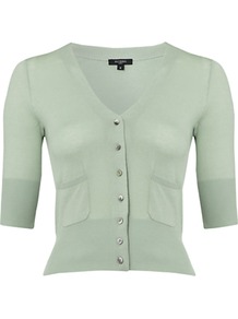 Florence Cardigan, Mint - neckline: v-neck; pattern: plain; length: cropped; bust detail: buttons at bust (in middle at breastbone)/zip detail at bust; predominant colour: pistachio; occasions: casual, work; style: standard; fibres: cotton - 100%; fit: slim fit; sleeve length: half sleeve; sleeve style: standard; texture group: knits/crochet; pattern type: knitted - fine stitch
