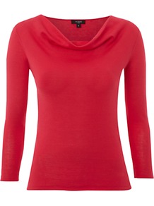 Whitstable Cowl Neck Top, Ruby - neckline: cowl/draped neck; pattern: plain; predominant colour: true red; occasions: casual, work; length: standard; style: top; fibres: cotton - 100%; fit: body skimming; sleeve length: 3/4 length; sleeve style: standard; pattern type: fabric; texture group: jersey - stretchy/drapey