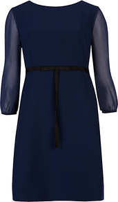 Tie Waist Dress, Navy - style: shift; length: mid thigh; fit: empire; pattern: plain; waist detail: belted waist/tie at waist/drawstring; predominant colour: navy; occasions: evening, occasion; fibres: polyester/polyamide - stretch; neckline: crew; sleeve length: long sleeve; sleeve style: standard; texture group: sheer fabrics/chiffon/organza etc.; pattern type: fabric