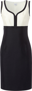 Fortuna Dress, Navy - style: shift; neckline: v-neck; fit: tailored/fitted; sleeve style: sleeveless; waist detail: fitted waist; secondary colour: white; predominant colour: navy; occasions: evening, work, occasion; length: just above the knee; fibres: wool - mix; bust detail: contrast pattern/fabric/detail at bust; sleeve length: sleeveless; trends: glamorous day shifts; pattern type: fabric; pattern size: standard; pattern: colourblock; texture group: other - light to midweight