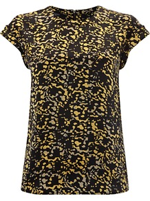 Katie Silk Top, Butter Multi - sleeve style: capped; secondary colour: yellow; predominant colour: black; occasions: casual, evening; length: standard; style: top; fibres: silk - 100%; fit: body skimming; neckline: crew; sleeve length: short sleeve; texture group: silky - light; pattern type: fabric; pattern size: small & busy; pattern: patterned/print