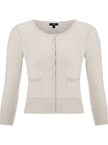 Alexandra Cardigan - neckline: round neck; pattern: plain; length: cropped; bust detail: buttons at bust (in middle at breastbone)/zip detail at bust; predominant colour: stone; occasions: casual, evening; style: standard; fibres: silk - mix; fit: slim fit; sleeve length: 3/4 length; sleeve style: standard; texture group: knits/crochet; pattern type: knitted - fine stitch