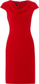 Alexandra Dress, Ruby - style: shift; neckline: cowl/draped neck; sleeve style: capped; fit: tailored/fitted; pattern: plain; bust detail: ruching/gathering/draping/layers/pintuck pleats at bust; predominant colour: true red; occasions: evening, work; length: just above the knee; fibres: polyester/polyamide - mix; sleeve length: short sleeve; pattern type: fabric; texture group: jersey - stretchy/drapey