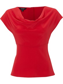 Leila Top, Ruby - neckline: cowl/draped neck; sleeve style: capped; pattern: plain; waist detail: wide waistband/cummerbund; bust detail: ruching/gathering/draping/layers/pintuck pleats at bust; predominant colour: true red; occasions: evening; length: standard; style: top; fibres: silk - 100%; fit: body skimming; sleeve length: short sleeve; texture group: silky - light; pattern type: fabric