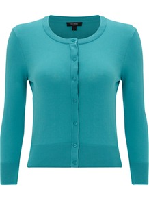 Middleton Cardigan, Peacock - neckline: round neck; pattern: plain; bust detail: buttons at bust (in middle at breastbone)/zip detail at bust; predominant colour: turquoise; occasions: casual; length: standard; style: standard; fibres: cotton - 100%; fit: slim fit; sleeve length: 3/4 length; sleeve style: standard; texture group: knits/crochet; pattern type: knitted - other