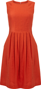 Hay Dress, Lava - pattern: plain; sleeve style: sleeveless; waist detail: fitted waist; predominant colour: terracotta; occasions: evening, work, occasion; length: just above the knee; fit: fitted at waist & bust; style: fit & flare; fibres: linen - 100%; neckline: crew; hip detail: structured pleats at hip; sleeve length: sleeveless; texture group: linen; pattern type: fabric