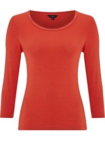 Ophelia Top, Lava - pattern: plain; predominant colour: bright orange; occasions: casual, work; length: standard; style: top; fibres: viscose/rayon - stretch; fit: body skimming; neckline: crew; sleeve length: long sleeve; sleeve style: standard; pattern type: fabric; texture group: jersey - stretchy/drapey
