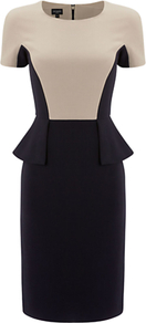Olivia Dress, Navy Calico - style: shift; fit: tailored/fitted; waist detail: peplum waist detail; predominant colour: nude; secondary colour: black; occasions: evening, occasion; length: just above the knee; fibres: polyester/polyamide - stretch; neckline: crew; sleeve length: short sleeve; sleeve style: standard; pattern: colourblock; texture group: jersey - stretchy/drapey