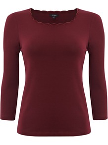 Rena Top, Black Cherry - pattern: plain; predominant colour: burgundy; occasions: casual; length: standard; style: top; fibres: cotton - stretch; fit: body skimming; neckline: crew; sleeve length: 3/4 length; sleeve style: standard; pattern type: fabric; texture group: jersey - stretchy/drapey