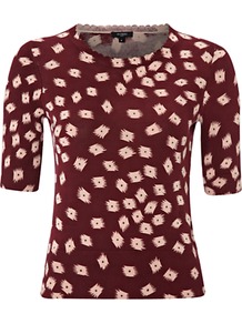 Tulip Top, Black Cherry Blue - secondary colour: ivory; predominant colour: burgundy; occasions: casual, evening, work; length: standard; style: top; fibres: cotton - 100%; fit: body skimming; neckline: crew; sleeve length: half sleeve; sleeve style: standard; pattern type: fabric; pattern size: small & light; pattern: patterned/print; texture group: jersey - stretchy/drapey
