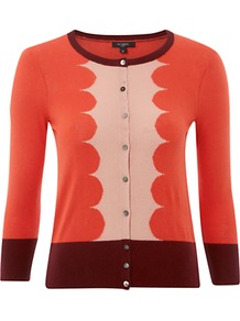 Kew Cardigan, Multi - neckline: round neck; bust detail: buttons at bust (in middle at breastbone)/zip detail at bust; secondary colour: blush; predominant colour: bright orange; occasions: casual; length: standard; style: standard; fibres: silk - mix; fit: standard fit; sleeve length: 3/4 length; sleeve style: standard; texture group: knits/crochet; pattern type: knitted - fine stitch; pattern size: big & light; pattern: colourblock