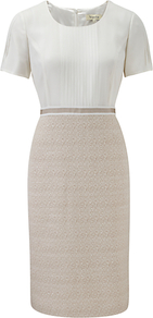 Tweed/Silk Shift Dress, Buff - style: shift; neckline: round neck; fit: tailored/fitted; pattern: plain; bust detail: ruching/gathering/draping/layers/pintuck pleats at bust; secondary colour: ivory; predominant colour: stone; occasions: evening, work; length: on the knee; fibres: silk - mix; hip detail: contrast fabric/print detail at hip; waist detail: narrow waistband; sleeve length: short sleeve; sleeve style: standard; pattern type: fabric; pattern size: standard; texture group: tweed - light/midweight