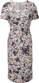 Confetti Floral Dress, Pewter - style: shift; length: below the knee; neckline: round neck; fit: tailored/fitted; secondary colour: stone; predominant colour: charcoal; occasions: evening, occasion; fibres: cotton - mix; sleeve length: short sleeve; sleeve style: standard; texture group: cotton feel fabrics; pattern type: fabric; pattern size: standard; pattern: florals