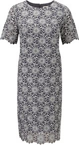 Floral Georgette Dress, Pewter - style: shift; neckline: round neck; secondary colour: white; predominant colour: charcoal; occasions: evening, occasion; length: on the knee; fit: straight cut; sleeve length: short sleeve; sleeve style: standard; texture group: cotton feel fabrics; pattern type: fabric; pattern size: standard; pattern: florals; embellishment: embroidered; fibres: viscose/rayon - mix