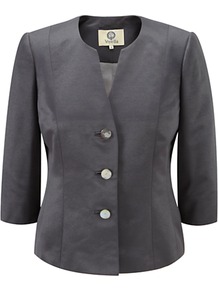 Ottoman Jacket, Pewter - pattern: plain; style: single breasted blazer; collar: round collar/collarless; predominant colour: charcoal; length: standard; fit: tailored/fitted; fibres: polyester/polyamide - 100%; occasions: occasion; sleeve length: 3/4 length; sleeve style: standard; collar break: high; pattern type: fabric; texture group: woven light midweight