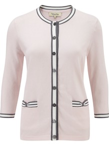 Bow Pocket Cardigan, Shell Pink - neckline: round neck; pattern: plain; bust detail: buttons at bust (in middle at breastbone)/zip detail at bust; secondary colour: white; predominant colour: blush; occasions: casual, work; length: standard; style: standard; fibres: cotton - mix; fit: standard fit; waist detail: front pockets at waist level; sleeve length: 3/4 length; sleeve style: standard; texture group: knits/crochet; pattern type: knitted - fine stitch