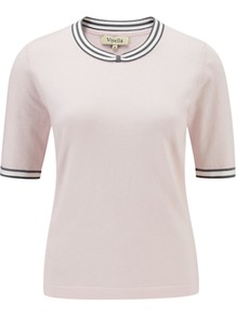 Bow Tipped Jumper, Shell Pink - pattern: plain; style: standard; predominant colour: blush; occasions: casual, work; length: standard; fibres: cotton - mix; fit: standard fit; neckline: crew; sleeve length: short sleeve; sleeve style: standard; texture group: knits/crochet; pattern type: knitted - fine stitch