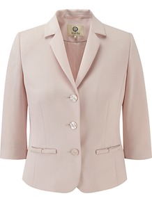 Moss Crepe Jacket, Shell Pink - pattern: plain; style: single breasted blazer; length: cropped; collar: standard lapel/rever collar; predominant colour: blush; occasions: evening, work, occasion; fit: tailored/fitted; fibres: polyester/polyamide - stretch; sleeve length: 3/4 length; sleeve style: standard; texture group: crepes; collar break: medium; pattern type: fabric