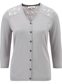 Lace Yoke Cardigan, Silver - neckline: v-neck; pattern: plain; shoulder detail: contrast pattern/fabric at shoulder; back detail: contrast pattern/fabric at back; bust detail: buttons at bust (in middle at breastbone)/zip detail at bust; predominant colour: light grey; occasions: casual, evening, work; length: standard; style: standard; fit: standard fit; sleeve length: 3/4 length; sleeve style: standard; texture group: knits/crochet; pattern type: knitted - fine stitch; fibres: viscose/rayon - mix; embellishment: lace
