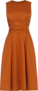 Twitchill Dress, Ginger - pattern: plain; sleeve style: sleeveless; style: full skirt; back detail: tie detail at back; waist detail: twist front waist detail/nipped in at waist on one side/soft pleats/draping/ruching/gathering waist detail; predominant colour: bronze; occasions: evening, work, occasion; length: on the knee; fit: fitted at waist & bust; fibres: cotton - mix; neckline: crew; hip detail: soft pleats at hip/draping at hip/flared at hip; sleeve length: sleeveless; texture group: structured shiny - satin/tafetta/silk etc.; pattern type: fabric