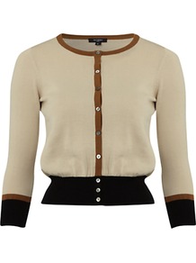 Heath Cardigan, Natural Bronze - neckline: round neck; predominant colour: nude; secondary colour: black; occasions: casual, work; length: standard; style: standard; fibres: cotton - 100%; fit: slim fit; sleeve length: 3/4 length; sleeve style: standard; texture group: knits/crochet; pattern type: knitted - fine stitch; pattern size: small & light; pattern: colourblock