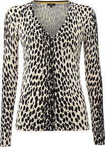 Niamh Cardigan, Light Natural Black - neckline: v-neck; predominant colour: ivory; secondary colour: black; occasions: casual, work; length: standard; style: standard; fibres: cotton - 100%; fit: slim fit; sleeve length: long sleeve; sleeve style: standard; texture group: cotton feel fabrics; pattern type: fabric; pattern size: small & busy; pattern: animal print