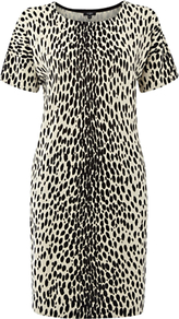 Niamh Dress, Light Natural Black - style: shift; length: mid thigh; neckline: round neck; predominant colour: stone; secondary colour: black; occasions: casual, evening, work, holiday; fit: body skimming; fibres: cotton - 100%; sleeve length: short sleeve; sleeve style: standard; texture group: cotton feel fabrics; trends: statement prints, glamorous day shifts; pattern type: fabric; pattern size: small & busy; pattern: animal print