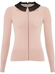 Ladder Cardigan, Powder Black - neckline: shirt collar/peter pan/zip with opening; pattern: plain; bust detail: buttons at bust (in middle at breastbone)/zip detail at bust; predominant colour: blush; secondary colour: black; occasions: casual, evening; length: standard; style: standard; fit: slim fit; sleeve length: long sleeve; sleeve style: standard; texture group: knits/crochet; pattern type: knitted - fine stitch; fibres: viscose/rayon - mix