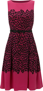 Invitation Larna Dress, Rose Petal Black - sleeve style: sleeveless; style: full skirt; waist detail: belted waist/tie at waist/drawstring; predominant colour: hot pink; secondary colour: black; occasions: evening, occasion; length: just above the knee; fit: fitted at waist & bust; fibres: polyester/polyamide - 100%; neckline: crew; sleeve length: sleeveless; texture group: cotton feel fabrics; pattern type: fabric; pattern size: small & busy; pattern: animal print