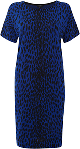 Niamh Dress, Sea Blue Black - style: shift; length: below the knee; neckline: round neck; predominant colour: royal blue; secondary colour: black; occasions: casual; fit: straight cut; fibres: cotton - 100%; sleeve length: short sleeve; sleeve style: standard; texture group: knits/crochet; pattern type: knitted - fine stitch; pattern size: standard; pattern: animal print