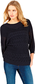 Cable Batwing Jumper, Navy - sleeve style: dolman/batwing; pattern: plain; style: standard; predominant colour: navy; occasions: casual; length: standard; fibres: cotton - 100%; fit: standard fit; neckline: crew; sleeve length: 3/4 length; texture group: knits/crochet; pattern type: knitted - other